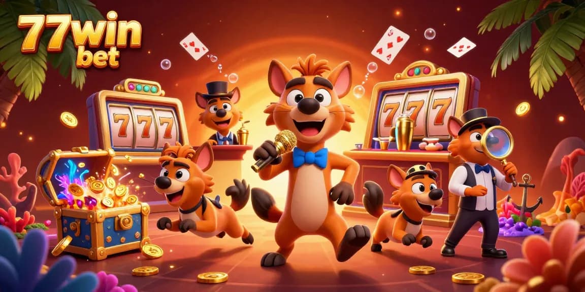 Engage with 77win bet at a lively casino club featuring hyenas, drinks, and gaming fun.