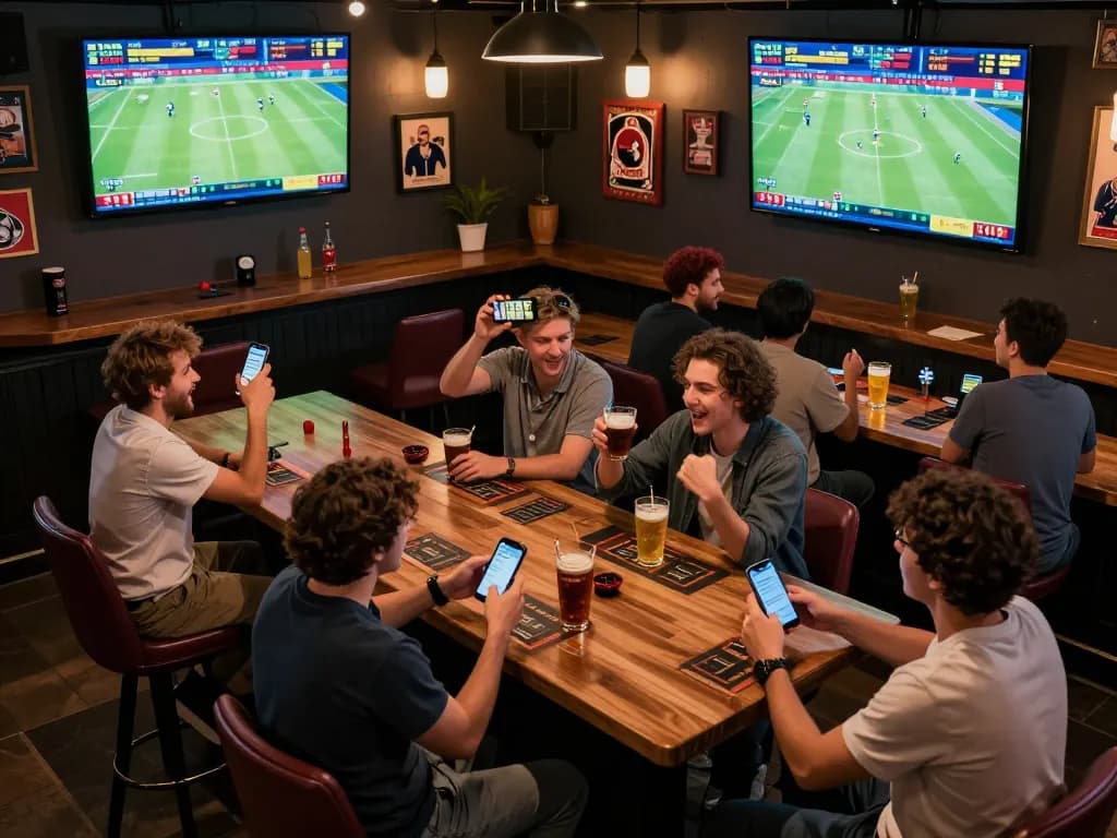 Excited patrons engaging in sports betting at a lively bar, showcasing tỷ lệ kèo nhà cái and live match displays
