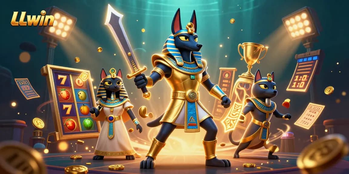 LLwin showcases an Egyptian-themed online casino scene with Anubis and vibrant slot games.