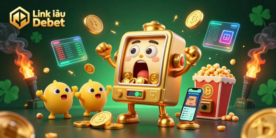 Experience exciting jackpots with Link vào Debet as vibrant slot machines cheer in a dynamic scene.