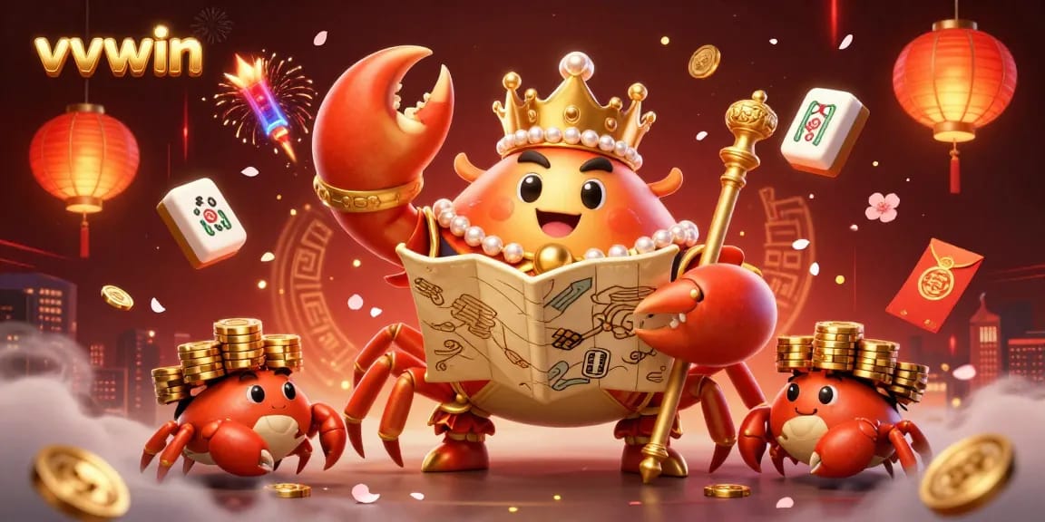 Win big at vvvwin with a vibrant illustration of a golden crab emperor and gambling elements.