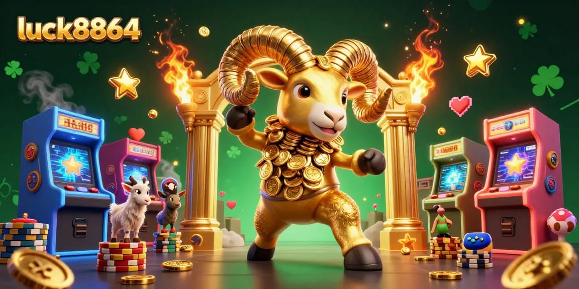 Experience thrilling gaming action with luck8864 featuring a golden ram and arcade elements.