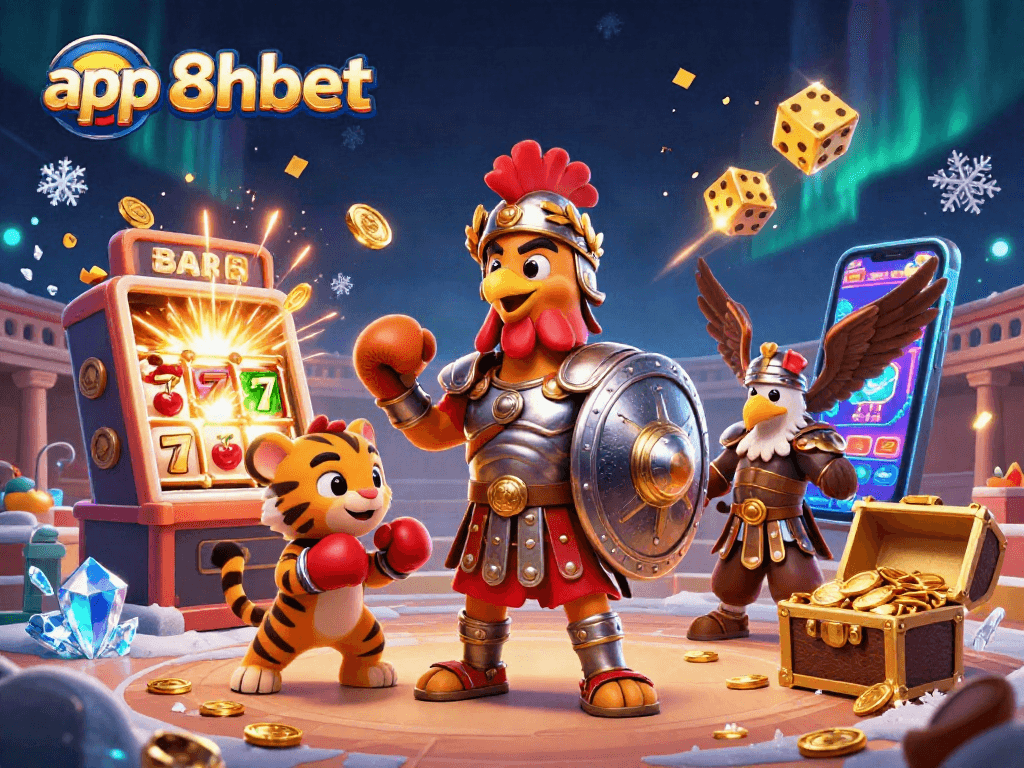 Engage with the thrilling app 8xbet as a gladiator rooster celebrates jackpot wins in a dynamic casino scene.