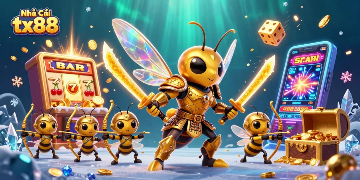 Experience the thrill at Nhà Cái tx88 with captivating golden hornet characters and vibrant casino elements.