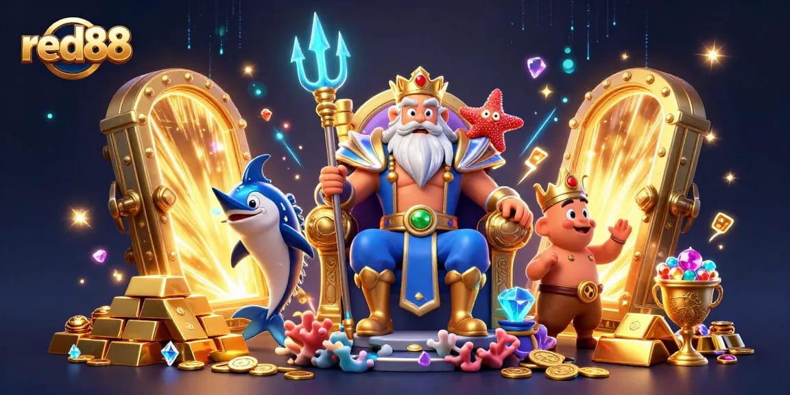 Experience the thrill of red88 with Neptune, treasure, and vibrant casino elements in a dynamic scene.