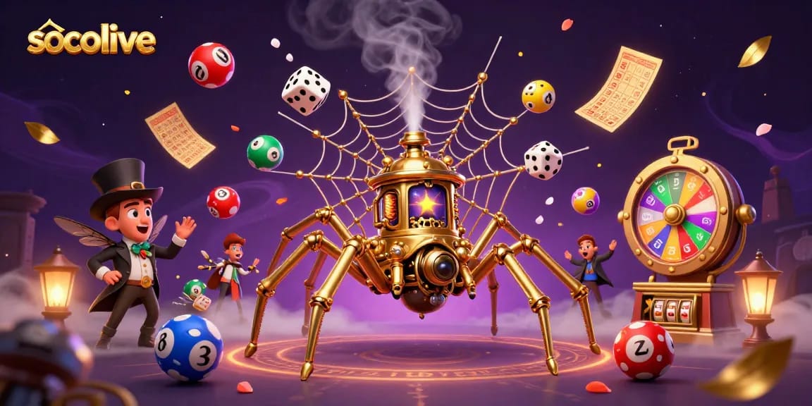 socolive spins colorful lottery balls with a steampunk spider catching dice, creating an engaging casino atmosphere