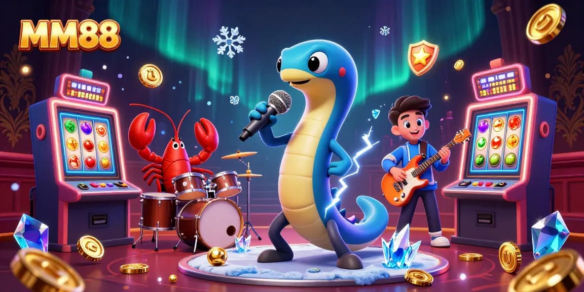 Experience the thrilling world of MM88 slots with electric eel DJ and vibrant casino elements.