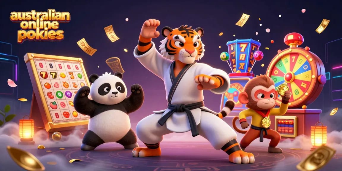 Experience thrilling australian online pokies action with a vibrant 3D scene featuring a kung fu tiger and colorful game elements.