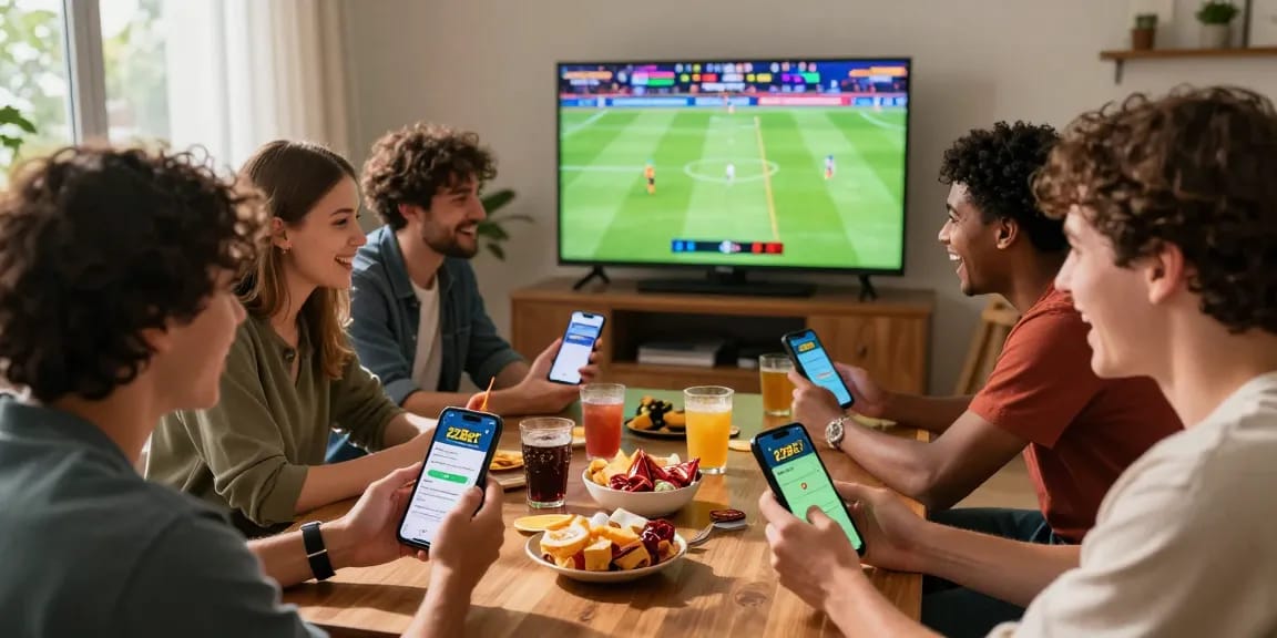 Group of friends excitedly using the 22Bet app to place bets during a live sports event.