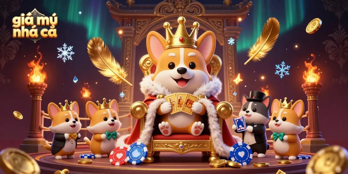Experience the vibrant scene of "giải mã nhà cái," where royal corgis explore the thrill of online gambling.