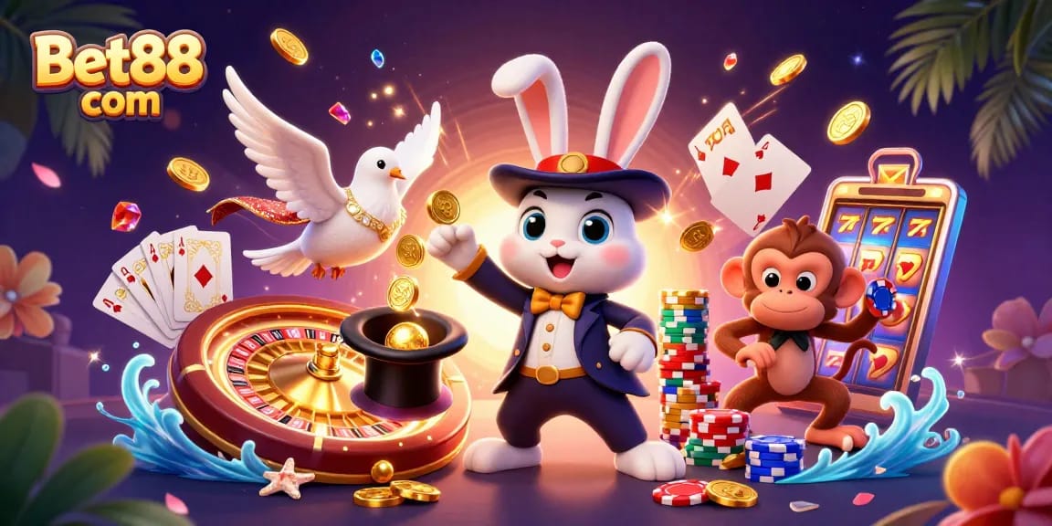 Experience the magic of Bet88 com with a charming rabbit and colorful casino elements in an enchanting scene.