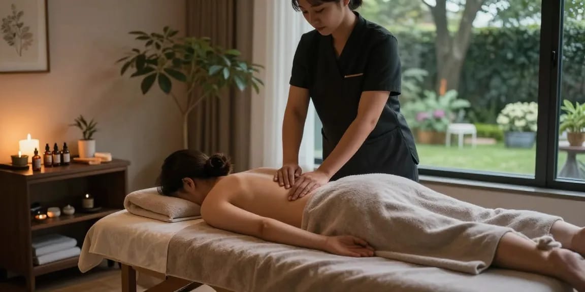Enjoying 성남출장마사지 in a serene wellness studio with calming atmosphere and nature views.
