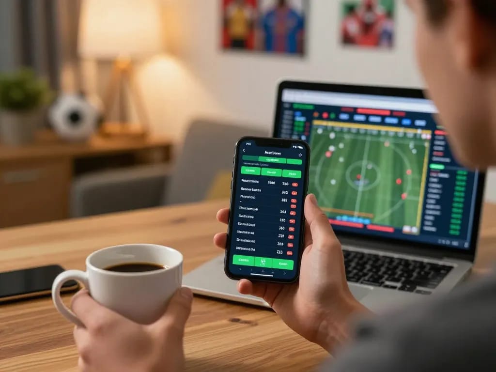 Engaging with 78WIN sports betting app on a smartphone during a thrilling home gaming experience.