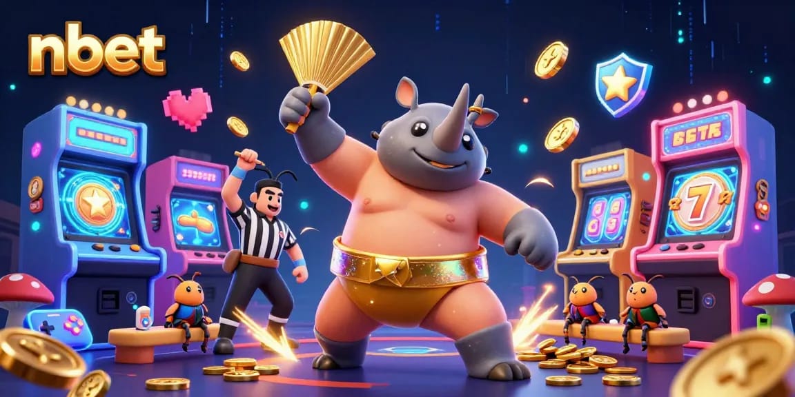 Experience thrilling wins at nbet with cartoon beetle champions in a vibrant casino scene.