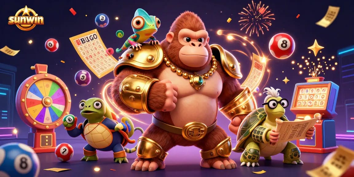 Experience thrilling gameplay with sunwin as vibrant lottery balls bounce around cartoon characters in a festive casino.
