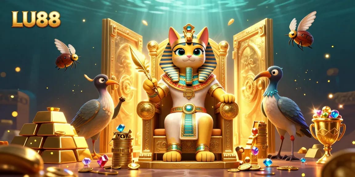 LU88 illuminates a vibrant 3D illustration showcasing an Egyptian pharaoh cat and treasures in a casino theme.