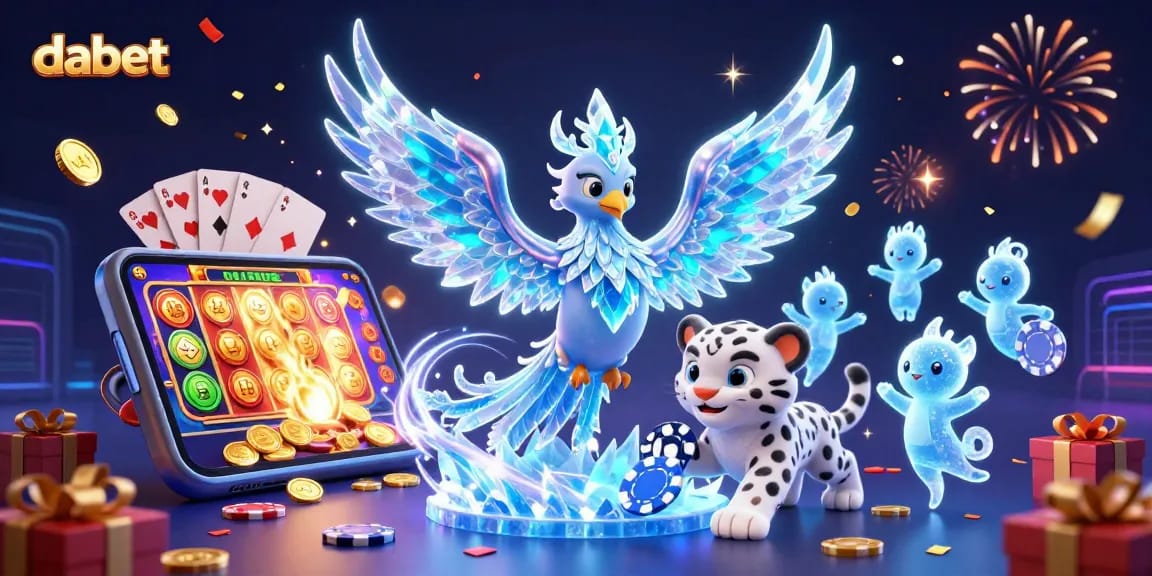 dabet sparks excitement with a vibrant ice phoenix and gameplay action in a 3D casino scene.