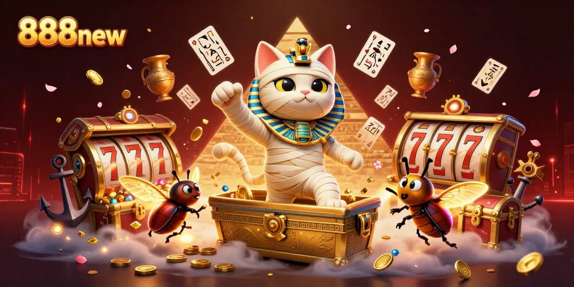Engage with thrilling wins at 888new, featuring vibrant Egyptian-themed characters amidst dynamic casino elements.