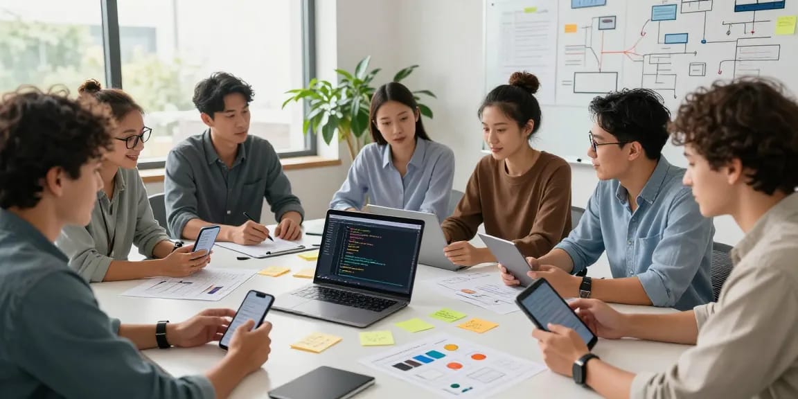 Team collaborating to build internal tools with AI in a bright office setting.