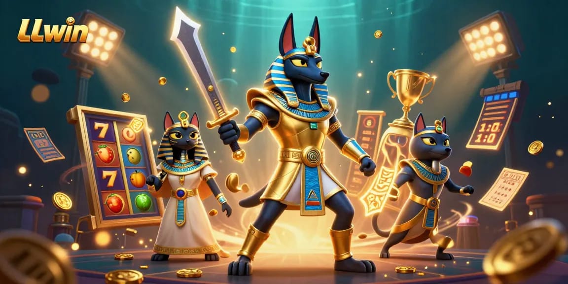 LLwin showcases an Egyptian-themed online casino scene with Anubis and vibrant slot games.