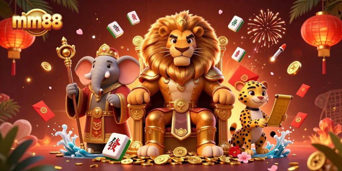 Experience the vibrant world of mm88 with a majestic lion king on a throne of gold coins, flanked by wise and quick characters.