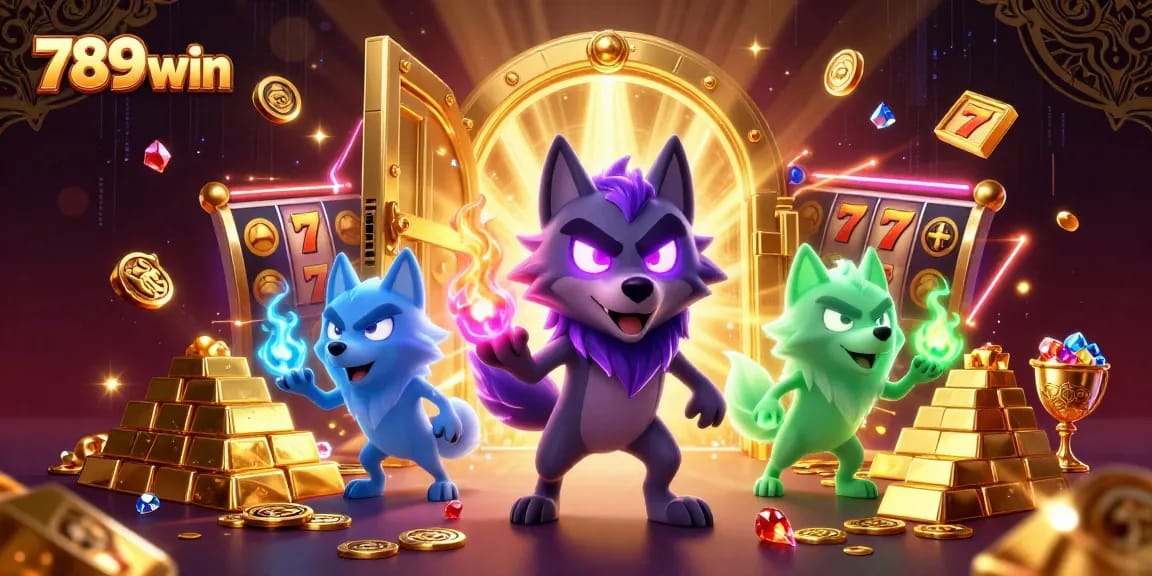 Experience thrilling games at 789win with a treasure-filled scene featuring ghostly wolves and slot elements.