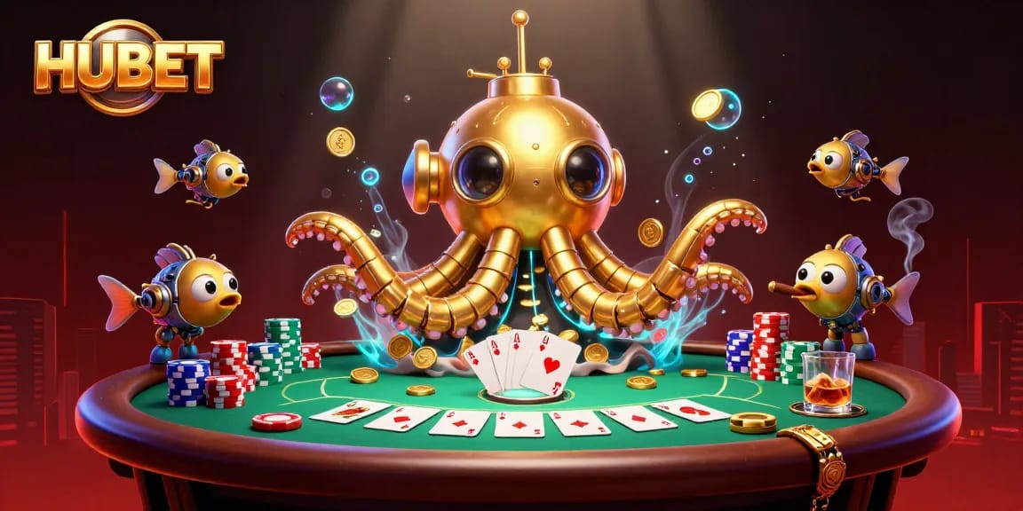 Experience thrilling moments at HUBET with a golden kraken submarine and poker elements.