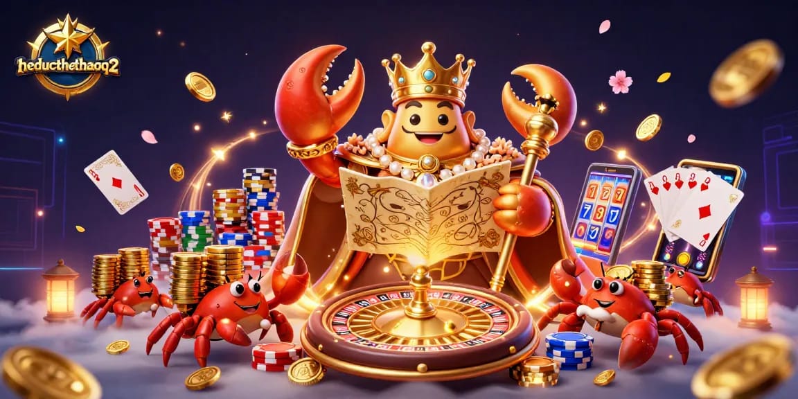 Experience the excitement at theducthethaoq2 with a golden crab emperor amidst casino elements.