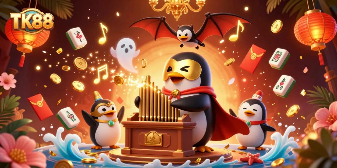 Experience the excitement of TK88 as a phantom penguin generates wins with golden coins in a lively casino scene.