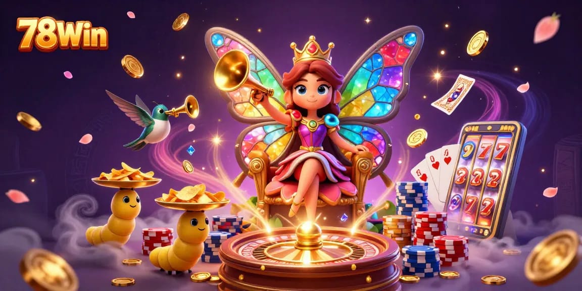 Experience the vibrant world of 78Win with colorful casino elements and the butterfly queen in a dynamic scene.