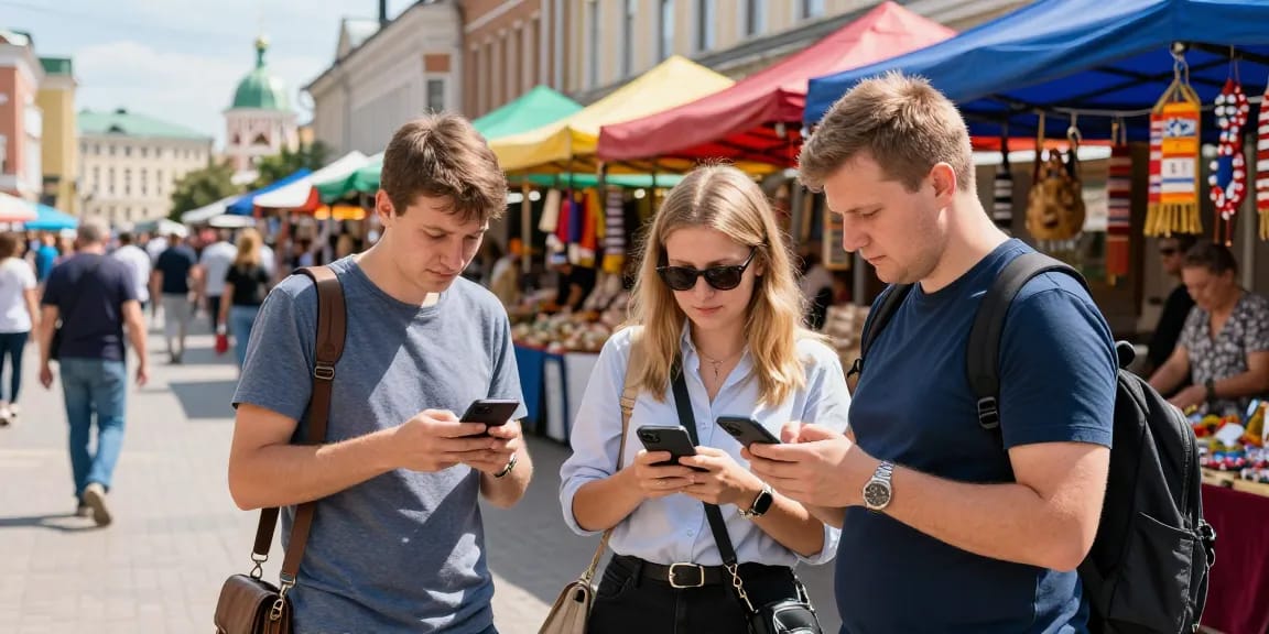 Los turistas en Rusia usando https://payinrussia.com/ para pagar en un animado mercado local con puestos coloridos y un ambiente vibrante.