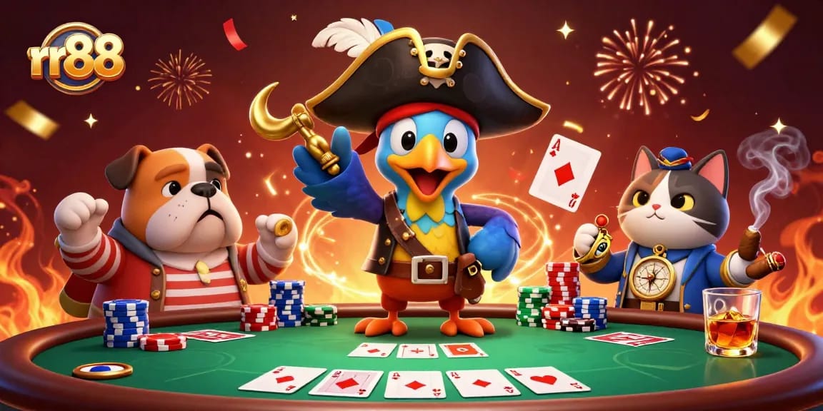 Experience thrilling gameplay at rr88 with poker chips, cards, and interactive characters.