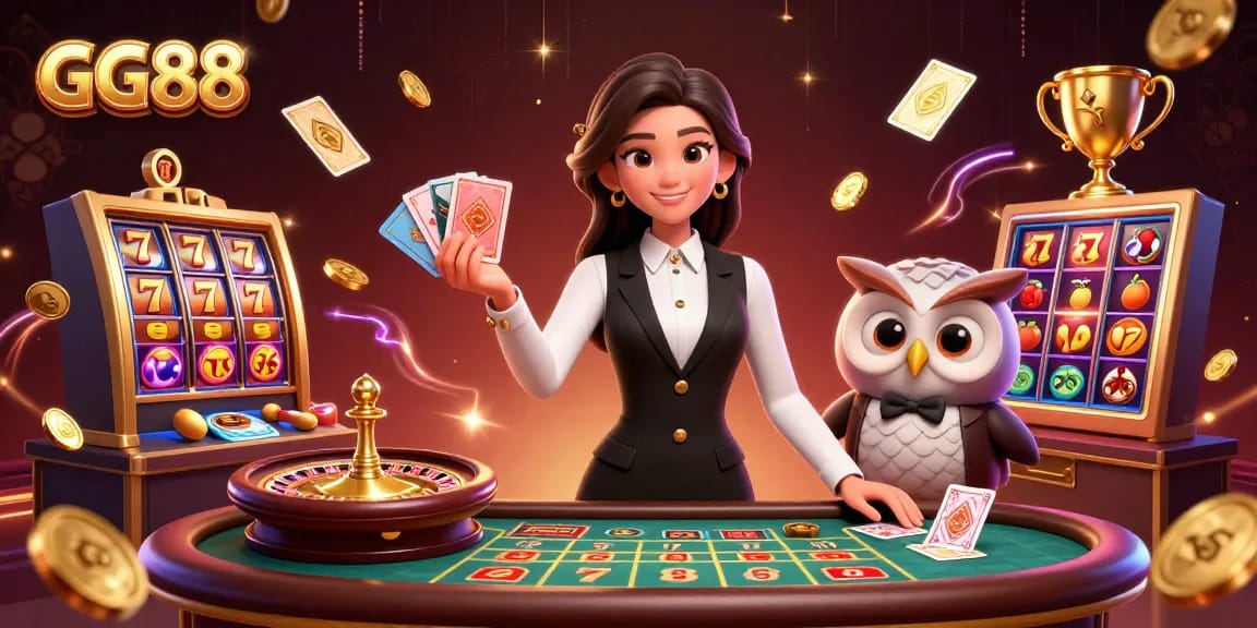 Experience the excitement of GG88 with a dynamic illustration of dealers and slot games.