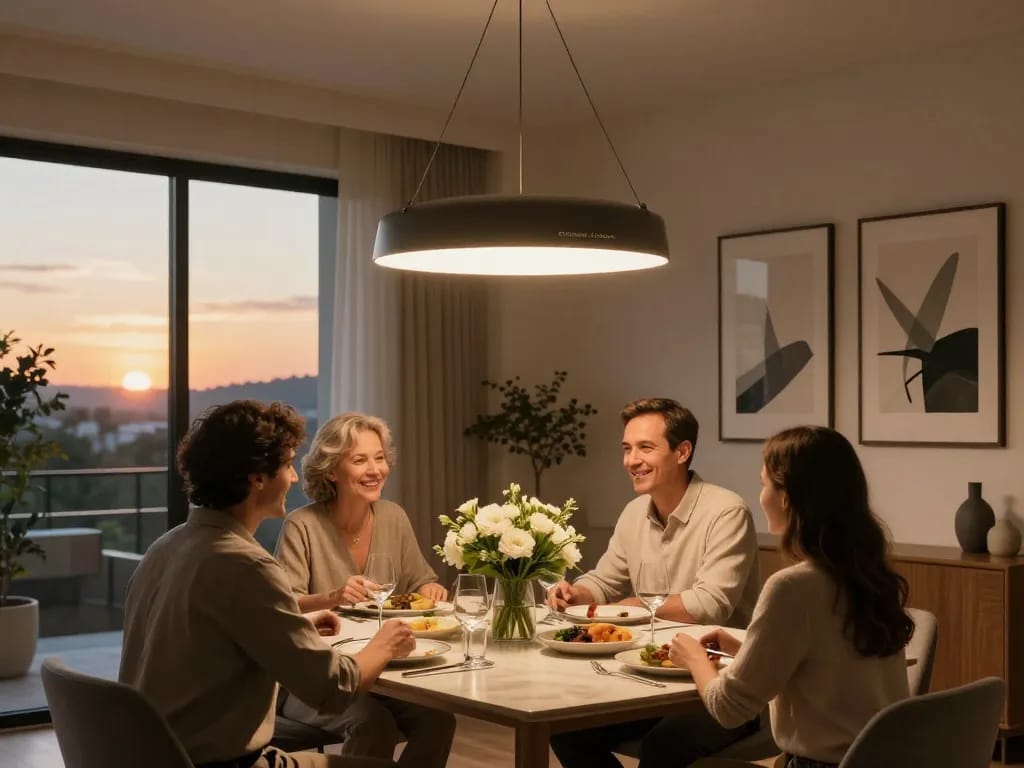 Lámparas colgantes Steinhauer Exclusive iluminando un elegante comedor con luz cálida y decoración moderna.