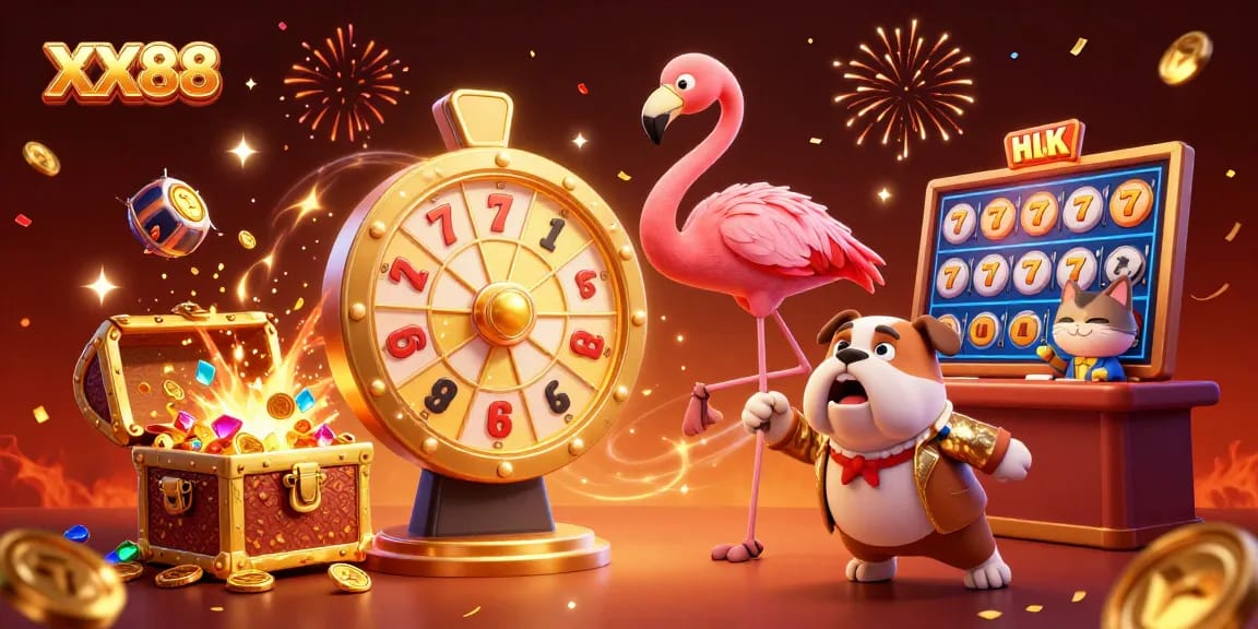 Win casino prizes at XX88 with a lively atmosphere and colorful slot elements.