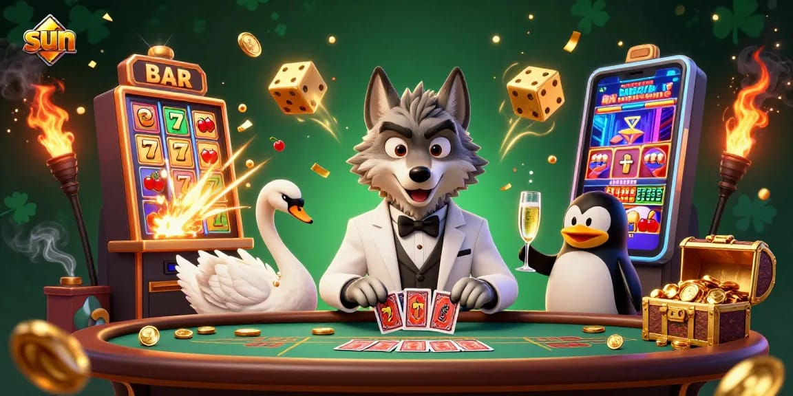 Engage with the sun-themed casino scene featuring a debonair wolf enjoying baccarat and a jackpot explosion.