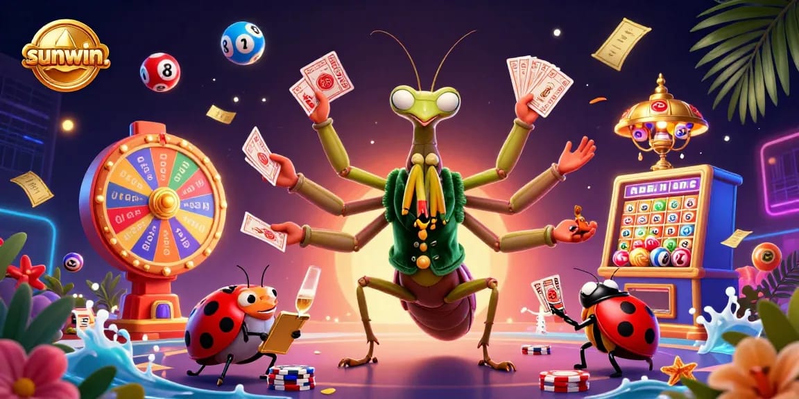 Win big at sunwin. with a vibrant 3D illustration of lively casino characters, lottery balls, and gaming elements.