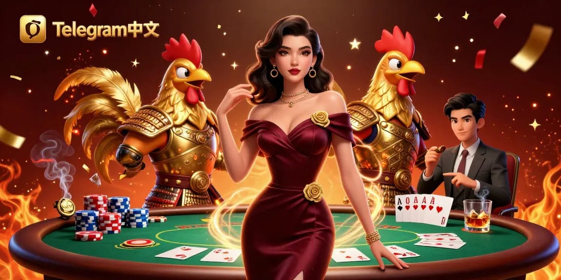 通过生动的扑克游戏插图与Telegram中文互动,图中有一位迷人的女性和一位金色公鸡战士。