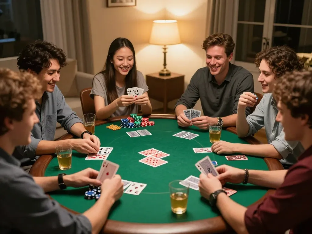 Friends at home playing poker with kjc chips and cards, creating a lively gaming atmosphere.