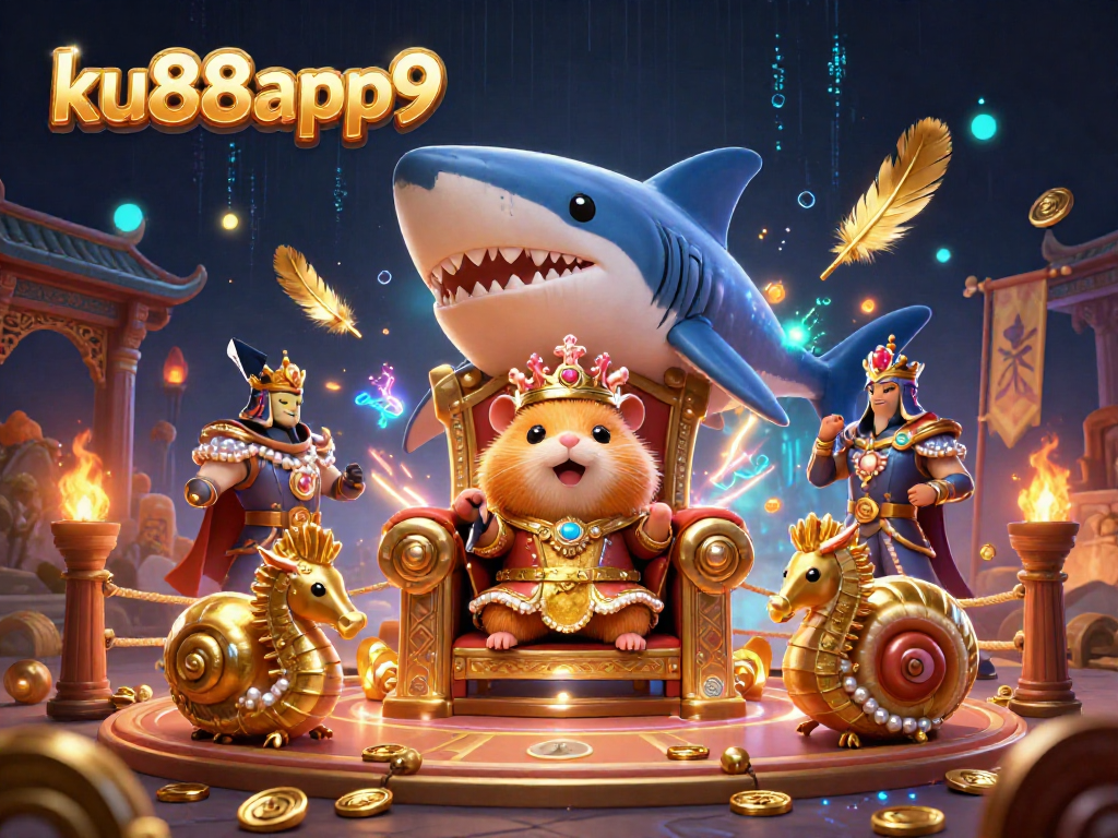 Experience thrilling wins with ku88app9 against a dazzling casino backdrop featuring a fierce hamster king.
