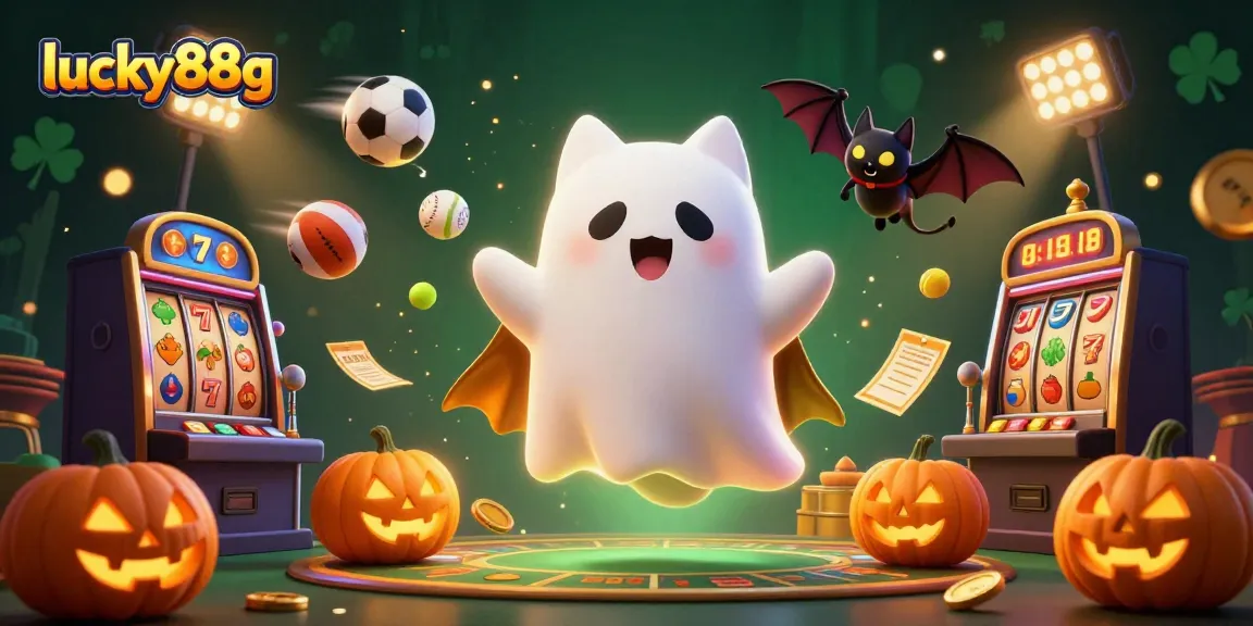 Experience lucky88g in action with a ghost cat and bat amidst glowing slot machines and golden coins.