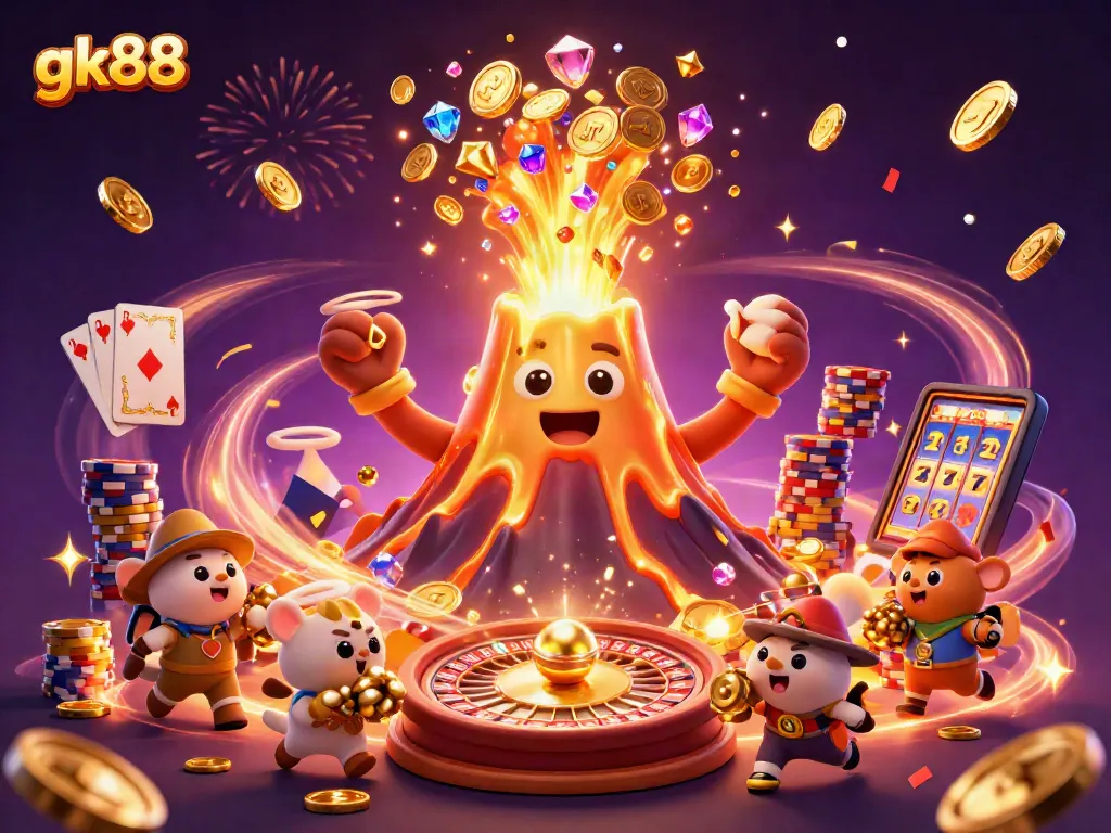 Experience exhilarating wins and thrilling moments with gk88's vibrant 3D casino scene full of treasures.