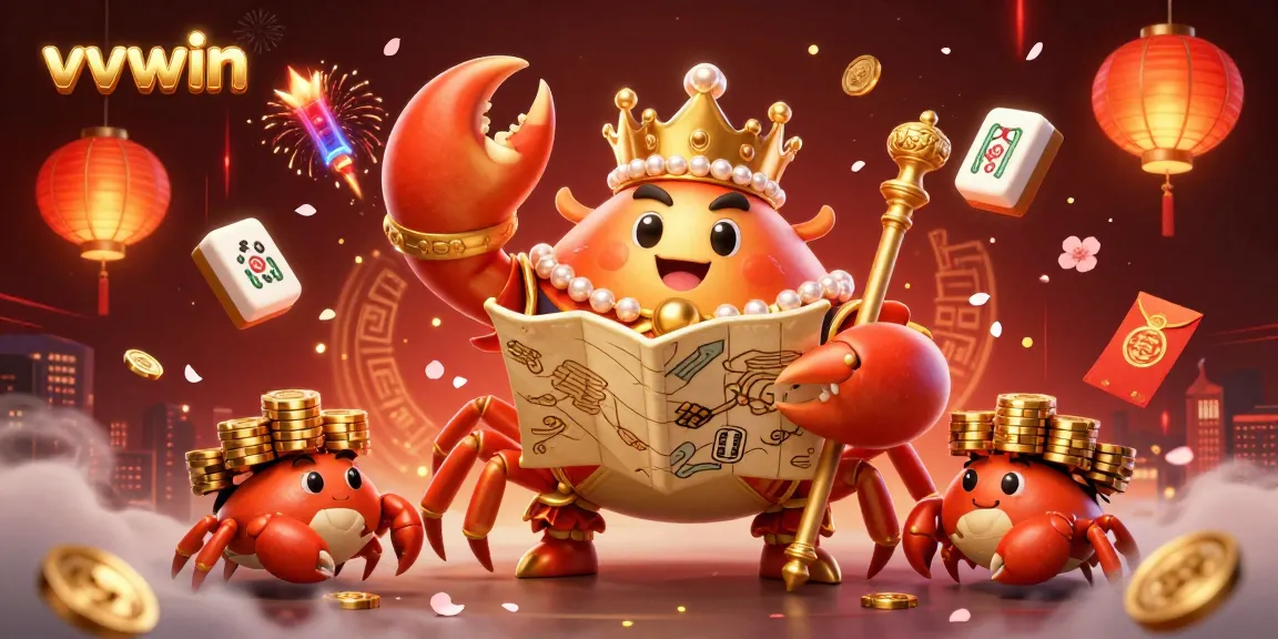 Win big at vvvwin with a vibrant illustration of a golden crab emperor and gambling elements.