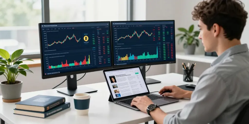 Las tendencias del mercado de criptomonedas en Phuwerte Inwersowia en una oficina moderna con un emprendedor analizando datos.