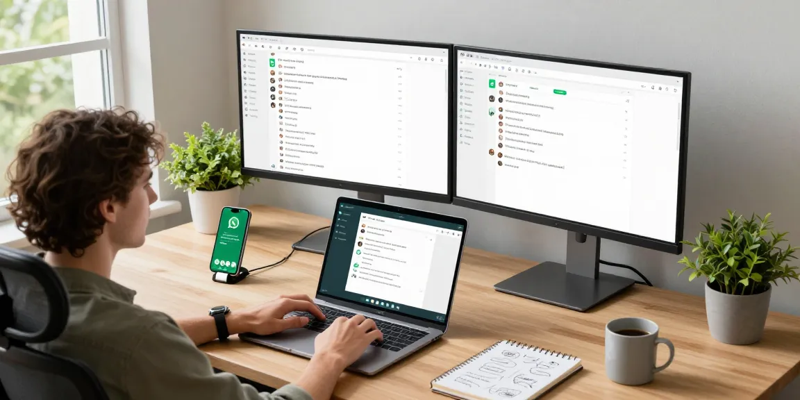 Dynamic workspace featuring WhatsApp電腦版 on laptop with chat windows.