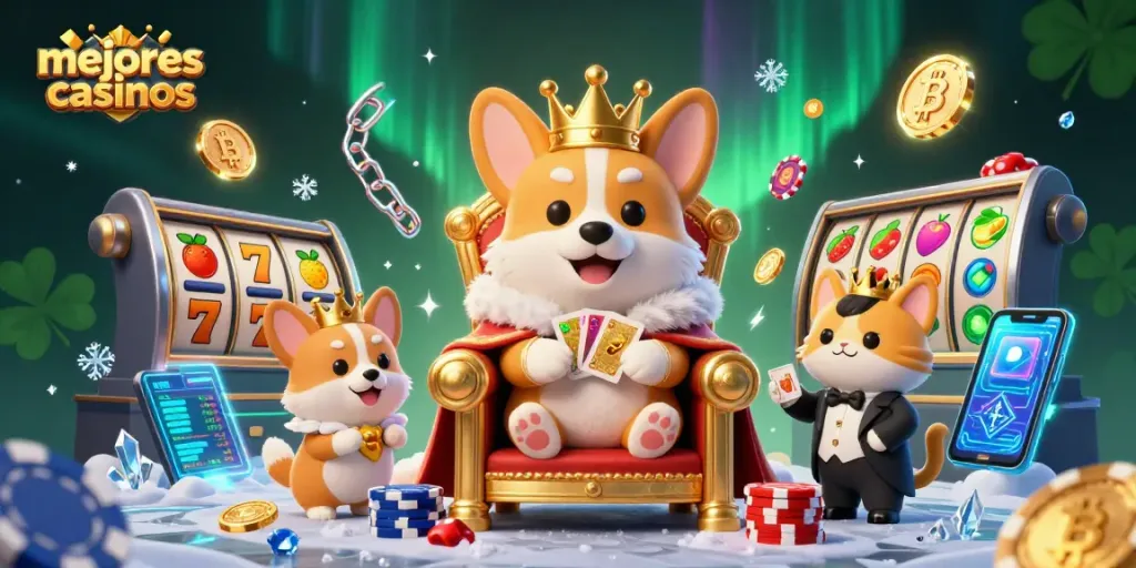 Mejores casinos y jackpot en una escena lujosa con corgi rey y monedas 3D brillantes.