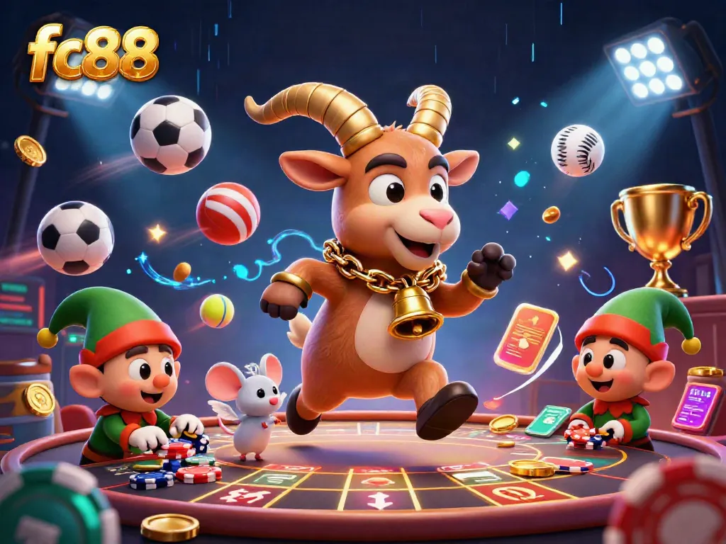 Engage with fc88 casino excitement as Krampus goat, angel mouse, and gremlins dynamically interact in a lively gaming scene.