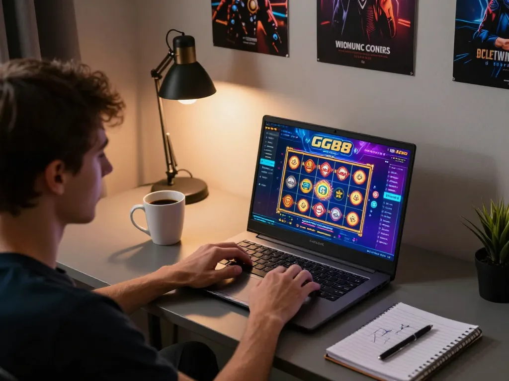 Player engaging with GG88 online gaming interface at home with vibrant graphics and cozy atmosphere.