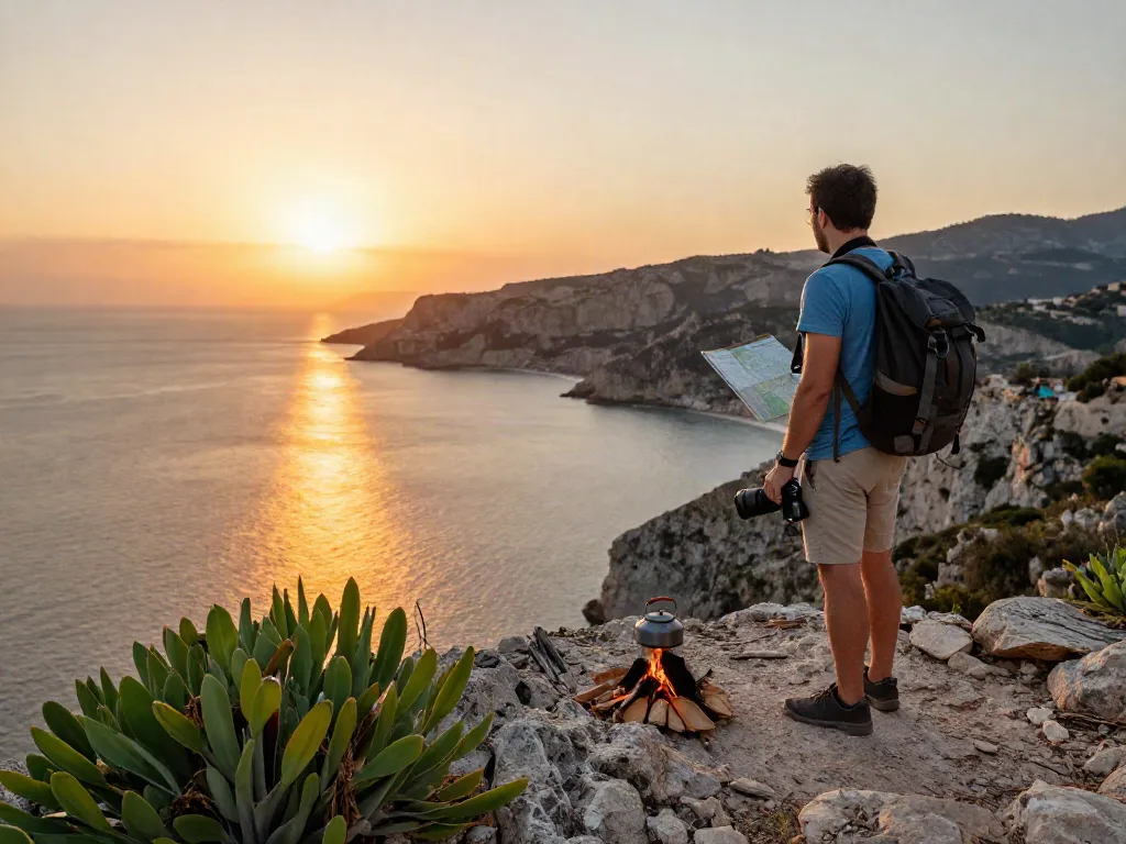 El aventurero en un acantilado observa la belleza del mar en the-sierakaudalo al atardecer.