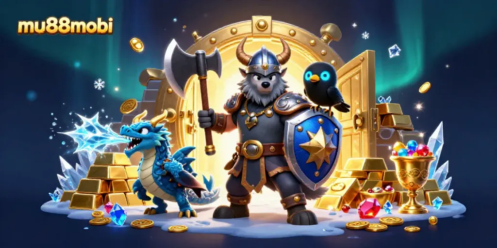 Experience thrilling gaming action at mu88mobi with 3D illustrations featuring a Viking warrior, dragon, and treasure.
